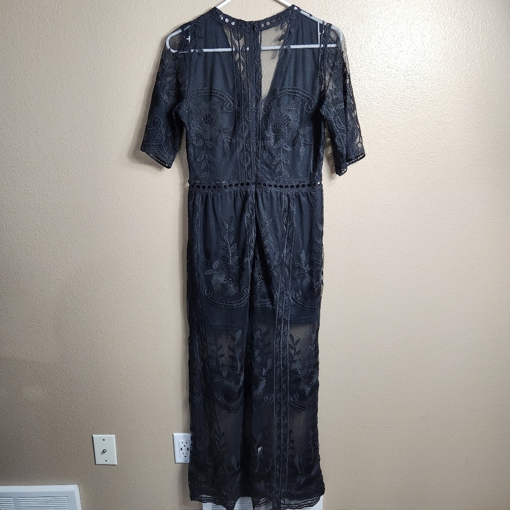 Eleter Womens Black Deep V-Neck Lace Romper Short Sleeve Long Dress-Size S - Picture 11 of 16
